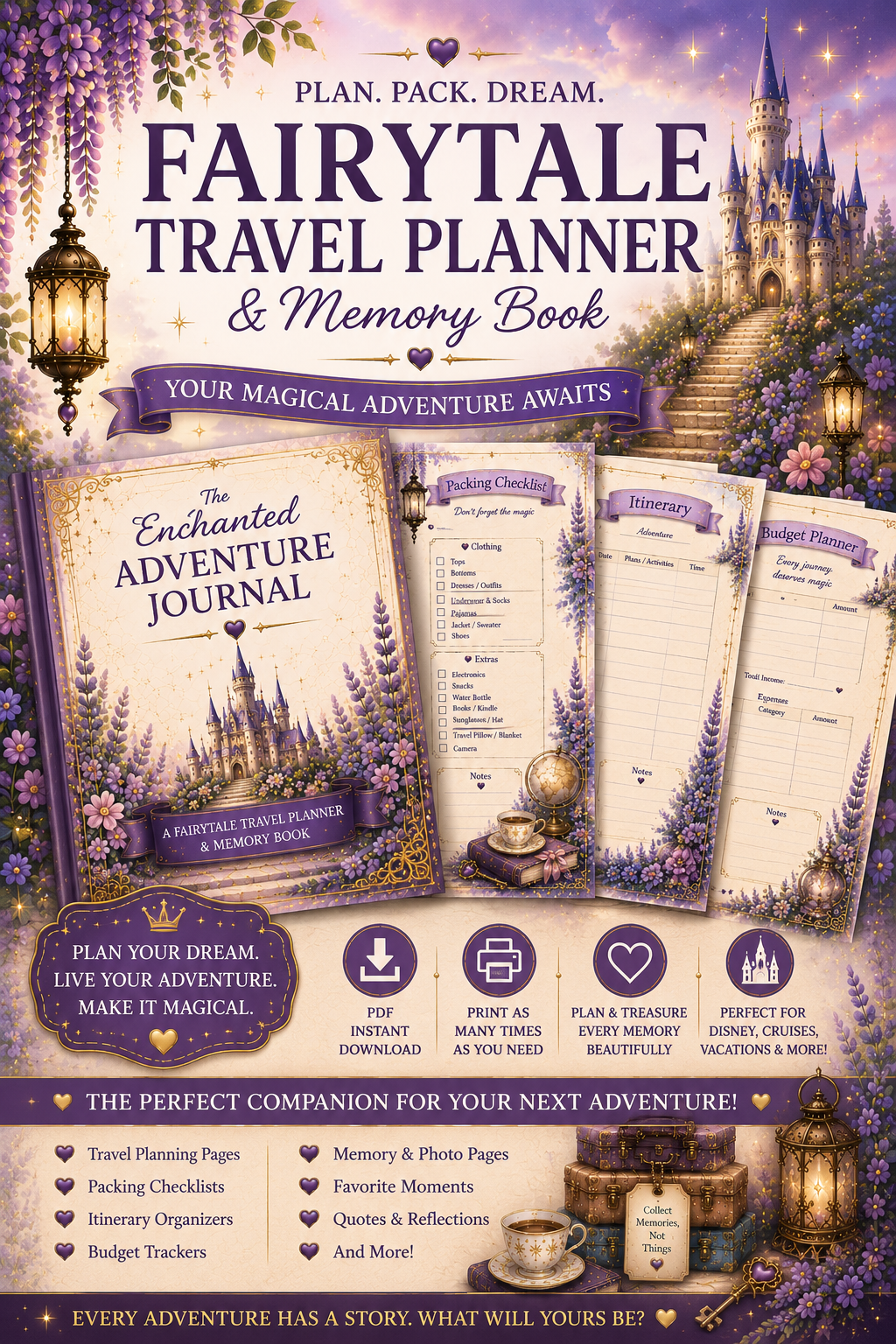Plan the adventure, live the story, remember the magic! ✨ This
printable Enchanted Adventure Journal is a fairytale-illustrated
travel planner and memory book with 34 dreamy castle & wisteria pages
— packing lists, budget tracker, daily journal pages, and keepsake
pages for after the trip. Instant digital download, sized for US
Letter & A4, plus reprintable pages so it works for any trip length.
Perfect for family vacations, Disney-style trips, or your next girls'
getaway. Print at home or at a local print 
