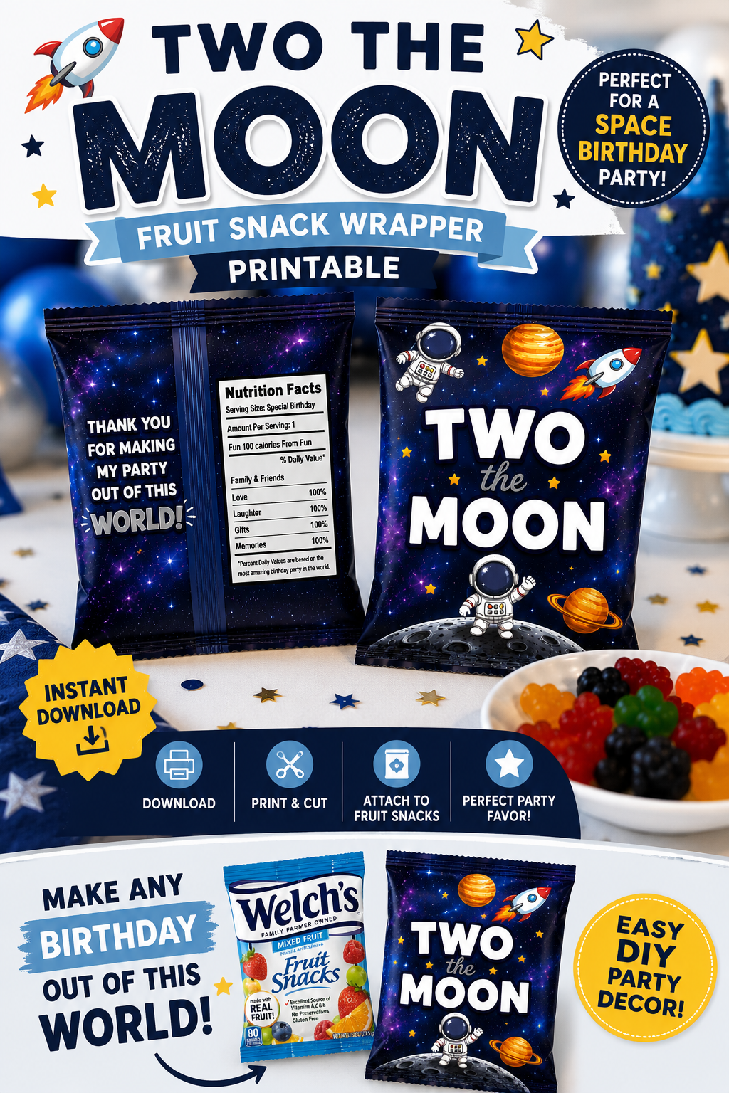 Make your little astronaut’s party extra special with these adorable Two The Moon Fruit Snack Wrappers! 🚀✨ Perfect for a space birthday party, astronaut birthday, galaxy birthday, or Two The Moon celebration. Simply print, cut, and wrap around standard fruit snacks for the cutest DIY party favors your guests will love. Featuring astronauts, rockets, planets, and a vibrant outer space galaxy theme that looks amazing on dessert tables and party setups.

Perfect for:
• Two The Moon birthday party
• Outer spac