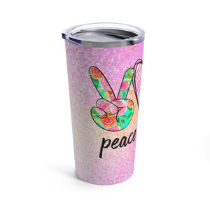 Whether you are a hairstylist or have the best hair dresser in the world, this tumbler or mug is the perfect gift for the hair lover in your life.  With a sparkly pink and orange background, this design reads "Peace Love Hair" and has a finger peace sign, a heart, and a hair dryer to complete the beautiful design.