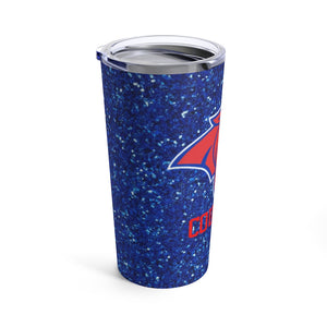 Soar around school or work with this beautiful glitter Cougars tumbler perfect for showing your school pride.  Tumbler has a blue glitter background with an eagle spreading it's wings in the center.  Below graphic is the word "Cougars" in all red capital letters.