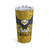 Soar around school or work with this beautiful glitter Eagles tumbler perfect for showing your school pride.  Tumbler has a gold glitter background with an eagle spreading it's wings in the center.  Below graphic is the word "Eagles" in all capital letters.