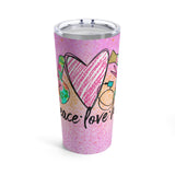 Whether you are a hairstylist or have the best hair dresser in the world, this tumbler or mug is the perfect gift for the hair lover in your life.  With a sparkly pink and orange background, this design reads "Peace Love Hair" and has a finger peace sign, a heart, and a hair dryer to complete the beautiful design.