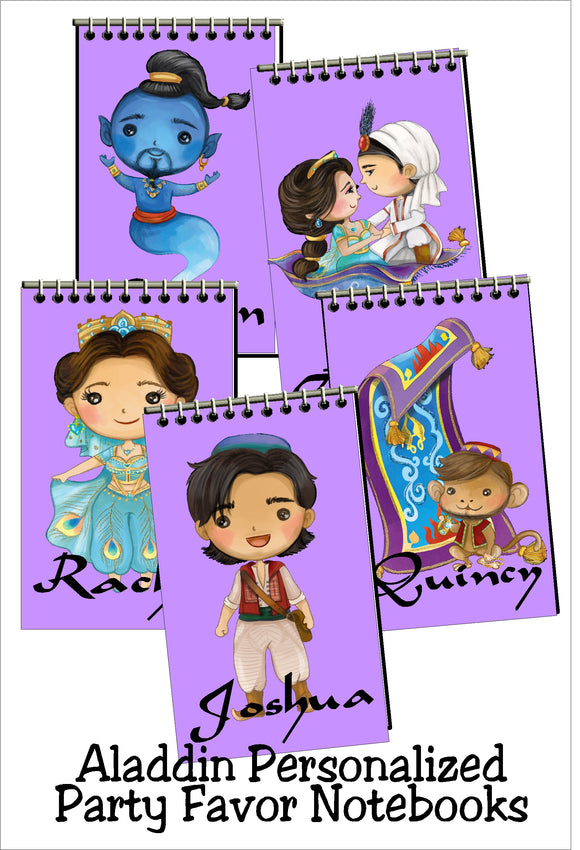 Celebrate at your Aladdin party with these personalized party favors that your guests will love to take home and use.  These custom notebooks feature your favorite Arabian night characters with your guests' names in a matching font.