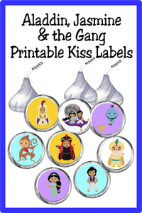 Bring all the characters in this beloved fairy tale to life with these Aladdin Kiss printable labels. These printable Kiss lables are the perfect addition to any Aladdin party. #aladdinparty #jasmineparty #kisslabels 