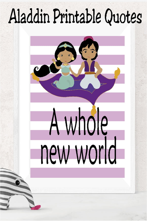 Decorate your Aladdin room or at your Jasmine party with these printable Aladdin quotes from the Disney cartoon movies.  24 of your favorite quotes can be printed and framed as party decoration or home decor.  Color scheme has a blue and purple color with black writing.  Some graphics have clip art to enhance. #aladdinparty #jasmineparty #homedecor #quoteprintable
