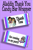 Thank your guests for coming to your Aladdin party or Jasmine party with this fun candy bar wrapper party favor. #aladdinparty #jasmineparty #candybarwrapper