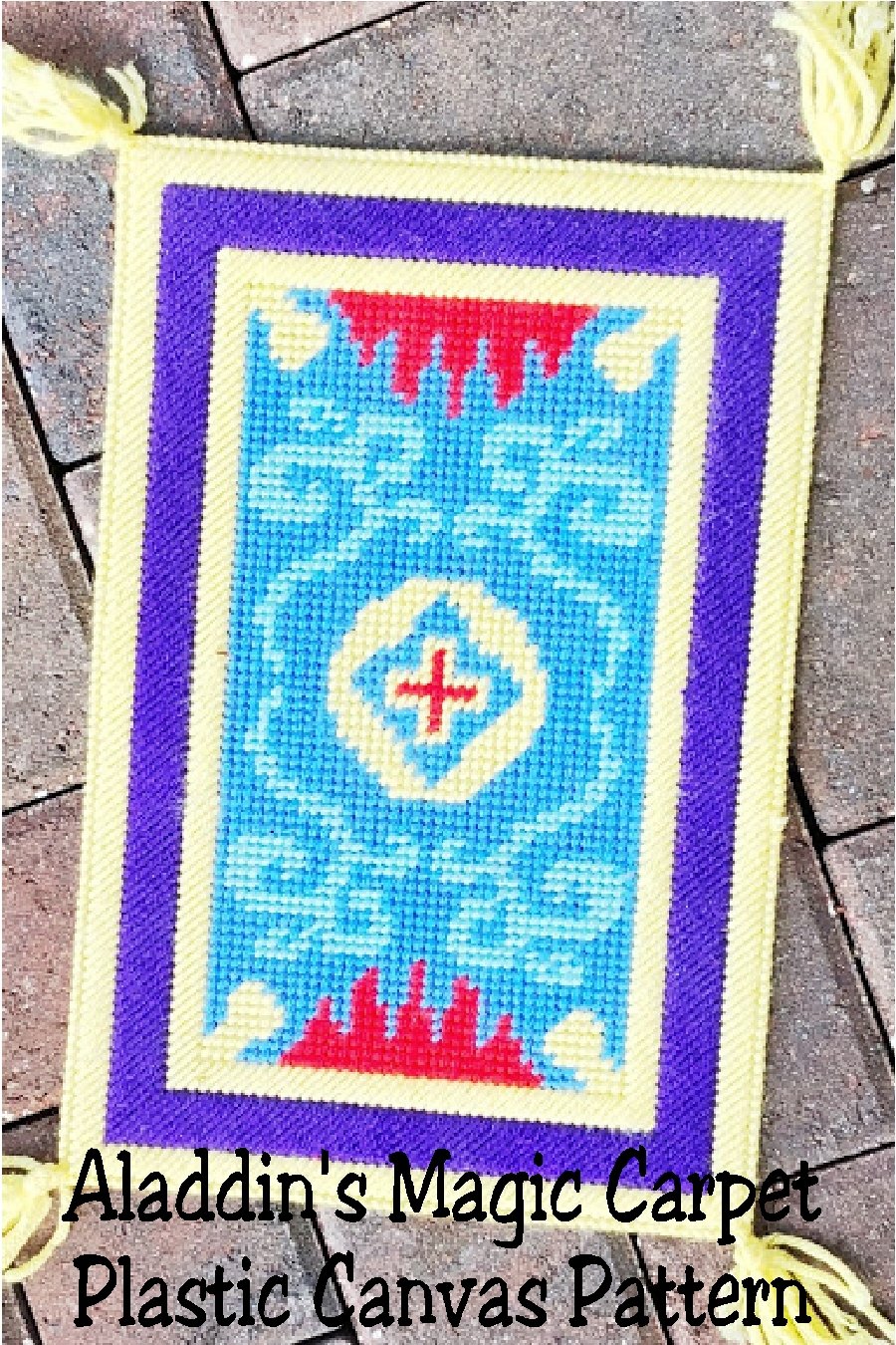 Fly high with Aladdin and Jasmine at your next princess party. This Magic Carpet rug plastic canvas is an easy and fun stitch that will make the perfect Aladdin party decoration anywhere you choose to display it.