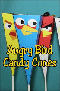 Give a unique party favor or have a fun treat at your Angry Birds party with these printable candy cones. Cones come together simply with cardstock, sucker sticks, scissors, and glue.