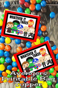 It's time for the Endgame and to do "whatever it takes" to save our lost friends from Thanos.  Be sure to keep stocked on snacks and party treats with this printable Avengers bag topper perfect for your Avengers party.  #avengersparty #avengersendgame #bagtopperprintable #avengerspartyfavor
