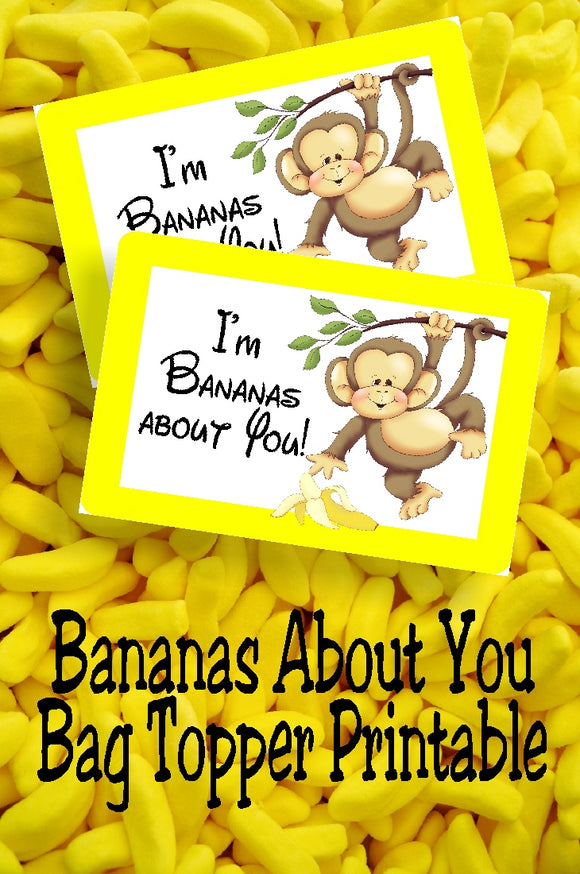 I'm Bananas About You! This printable bag topper will show you how much this Valentine's day.  Simply print off the bag topper, add some candy bananas or dried bananas slices to a bag, and then add your To and From to the back for an easy class valentine perfect for boys or girls.