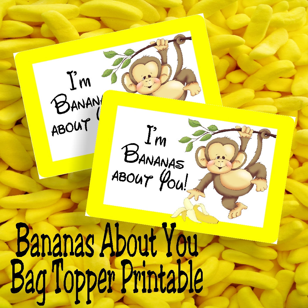 I'm Bananas About You! This printable bag topper will show you how much this Valentine's day.  Simply print off the bag topper, add some candy bananas or dried bananas slices to a bag, and then add your To and From to the back for an easy class valentine perfect for boys or girls.