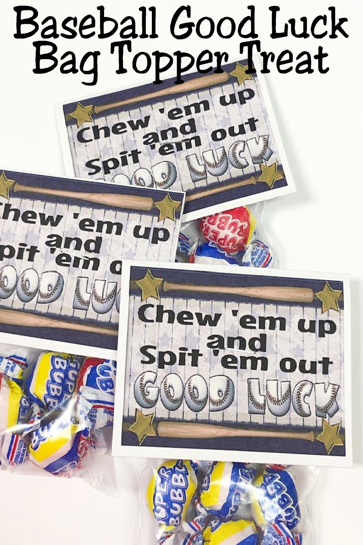 Gift your team with a sweet treat and a little luck before their next baseball game with this fun bag topper printable.  Fill a bag with your favorite gum and add this fun baseball bag topper for a Booster club treat the entire team will love.