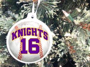 Celebrate your favorite sport with this sports personalized Christmas ornament.  This is the perfect Christmas gift for the sports player in your life.  It can be personalized with any sport, team name, number, and team colors as well as a personalized picture of your player on the back!  #sportschristmasornament #personalizedchristmasornament