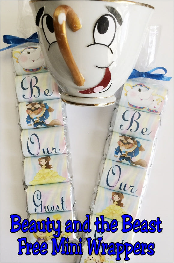 Be Our Guest with these yummy Beauty and the Beast mini wrappers. These are a free printable from us to you, so enjoy a little bit of Belle, Chip, Lumiere, Cogsworth and Mrs Potts today.
