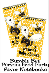 What is it to bee? Your bumble bee baby shower will be complete with these personalized notebook party favors. Perfect for a gender reveal party or a bee birthday party, your guests will love going home with a useful and personal party favor. #bumblebeeparty #genderrevealbabyshower