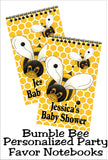 What is it to bee? Your bumble bee baby shower will be complete with these personalized notebook party favors. Perfect for a gender reveal party or a bee birthday party, your guests will love going home with a useful and personal party favor. #bumblebeeparty #genderrevealbabyshower