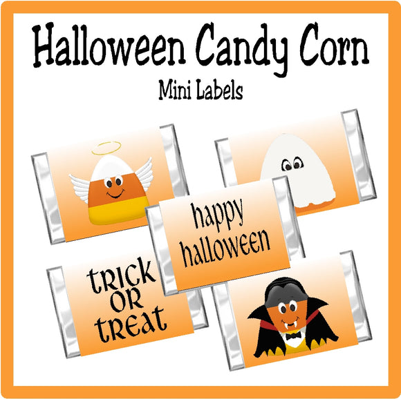 Whether you use these cute candy corn mini candy bar labels as a party favor or a party treat, your Halloween party guest will love these cute candy corn characters wishing them a Happy Halloween. #halloweenparty #candycorn #candybarwrapper