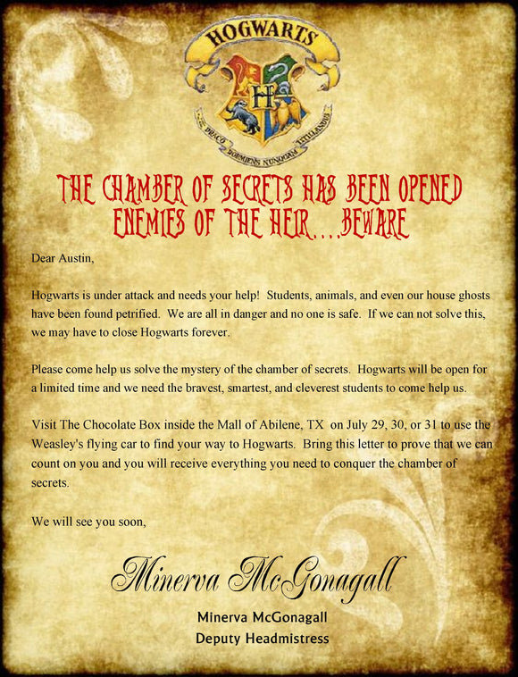 Chamber of Secrets Letter for Harry Potter Birthday Event