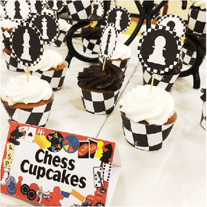 Turn ordinary store bought cupcakes into a fun game of chess with these black and white chess cupcake wrappers and toppers you can print from home.