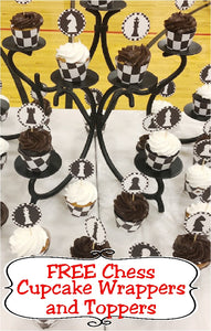 Turn ordinary store bought cupcakes into a fun game of chess with these black and white chess cupcake wrappers and toppers you can print from home.