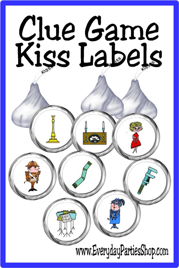 Bring Col. Mustard, Mrs. White and so many of the iconic pieces of the board game Clue.  These Clue game kiss labels are the perfect addition to your game night party and treat table.