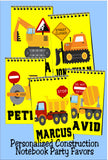 Let your guests bring home the party fun with these personalized party favors for your Construction party.  These custom notebooks feature your favorite construction vehicles with your guests' names in a bold black font.