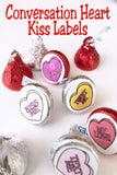 Enjoy some conversation hearts that will get your valentine party guests talking or enjoying the sweet treats with these Conversation Heart kiss printable labels. #conversationheart #kisslabels #printablevalentine #valentinetreat