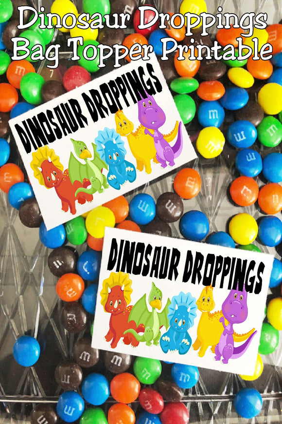 Add a little printable fun with these Dinosaur Droppings bag toppers to your Dinosaur party.  Perfect for party favors or treats on your dessert table, these bag toppers are a quick and easy addition to your dinosaur party.  #dinosaurparty #dinosaurpartyfavor #bagtopperprintable
