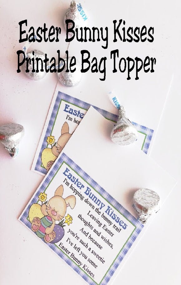 This printable bag topper is perfect for Easter baskets or Easter party favors.  With such a cute saying and fun Easter bunny, these Easter bunny kisses are the perfect addition to your Easter.  Printable is available for immediate download for last minute party favors.