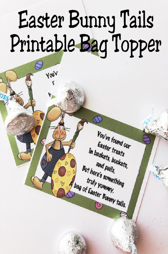 This fun, printable bag topper is perfect for Easter baskets or Easter party favors.  With such a cute saying and fun Easter bunny, these Easter bunny tails are the perfect addition to your Easter.  Printable is available for immediate download for last minute party favors.