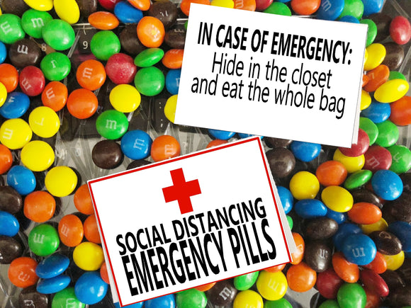 Social Distancing can be hard for your extroverted friends.  But you can help with this printable bag topper that's perfect for a drop and run gift.  Simply fill a bag with M&Ms or your favorite candy for an Emergency treat that your friends and family will love.