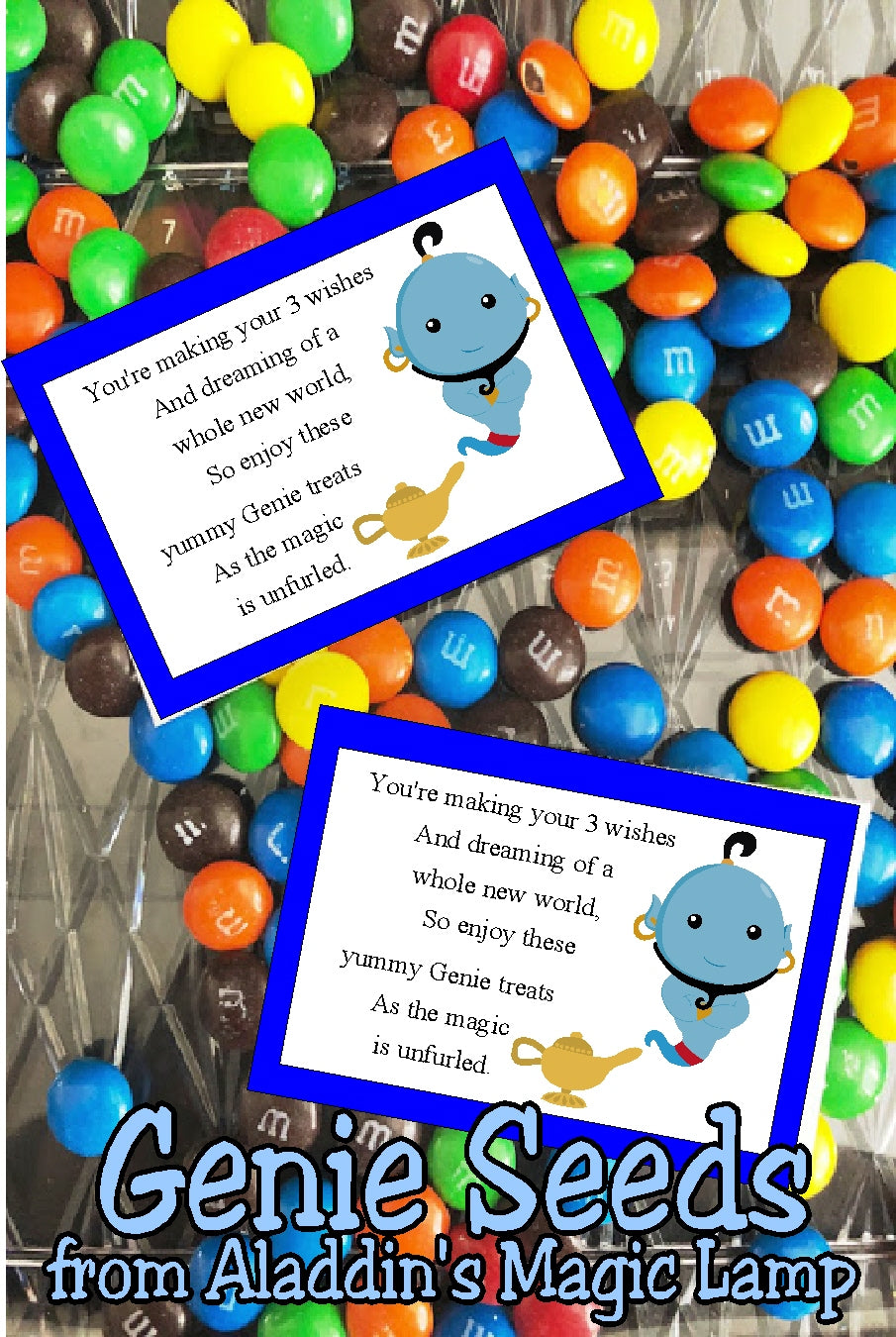 It's a whole new world so go and enjoy the fun at your Aladdin party or your Princess party with these bag toppers perfect for party favors or treats.  Bag topper printable has a blue border with  genie coming out of his lamp.  Beside him is the sentiment that reads:  You're making your 3 wishes  And dreaming of a whole new world,  So enjoy these yummy Genie treats  As the Magic is unfurled.  #aladdinparty #jasmineparty #genie #bagtopperprintable