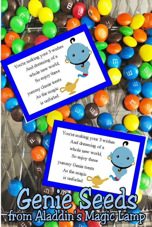 It's a whole new world so go and enjoy the fun at your Aladdin party or your Princess party with these bag toppers perfect for party favors or treats.  Bag topper printable has a blue border with  genie coming out of his lamp.  Beside him is the sentiment that reads:  You're making your 3 wishes  And dreaming of a whole new world,  So enjoy these yummy Genie treats  As the Magic is unfurled.  #aladdinparty #jasmineparty #genie #bagtopperprintable
