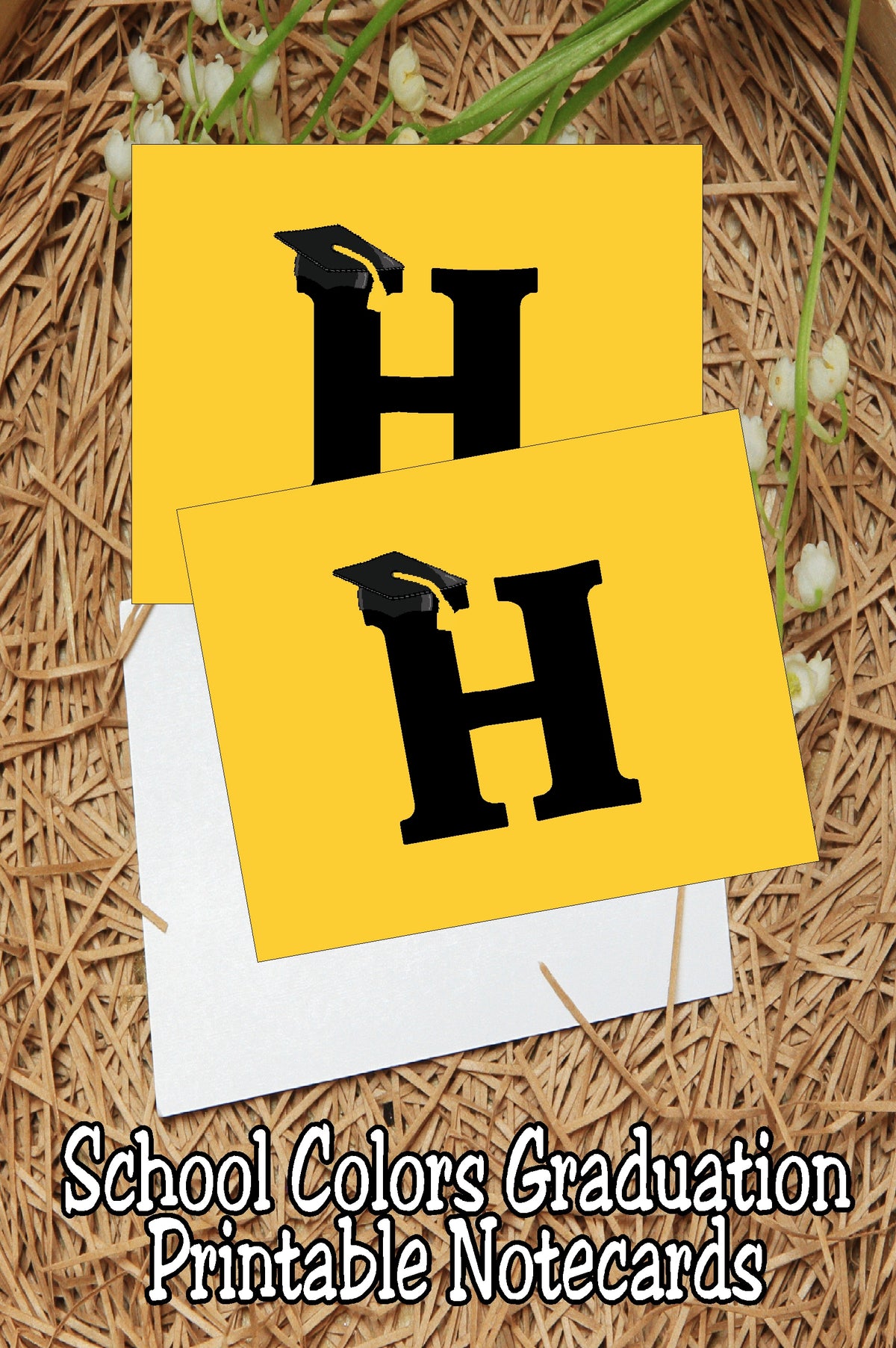 Black and Gold School Colors Monogram Graduation Printable Notecards