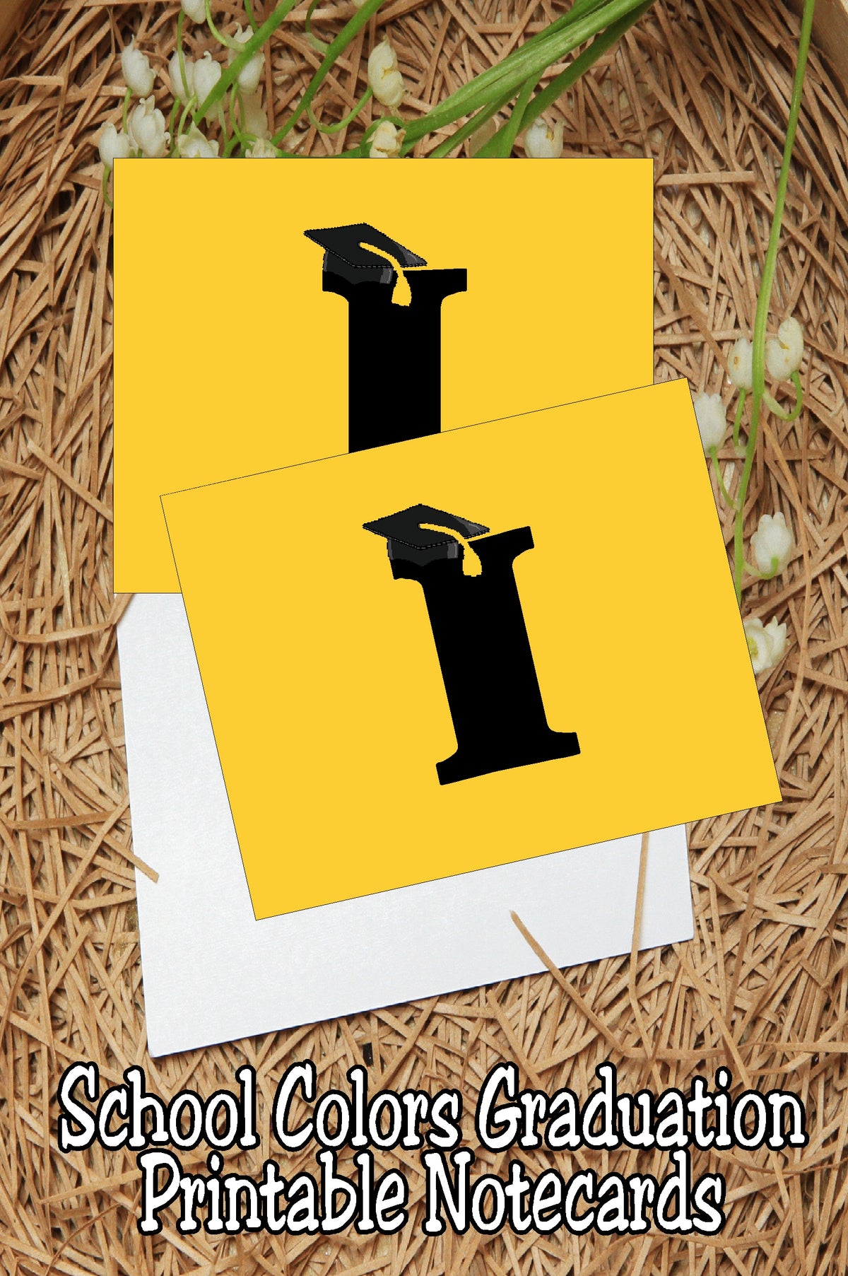 Black and Gold School Colors Monogram Graduation Printable Notecards