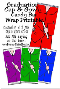 Add these personalized and unique graduation candy bar wrappers to your graduation party or graduation dessert table.  These graduation cap and gown wrappers are the perfect party favor to celebrate your new graduate and can be personalized with any saying or colors you desire.