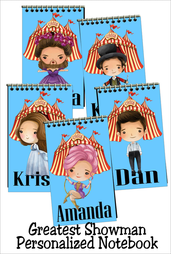 Celebrate at your Circus party with these personalized party favors that your guests will love to take home and use.  These custom notebooks feature your favorite Greatest Showman characters with your guests' names in a matching font.