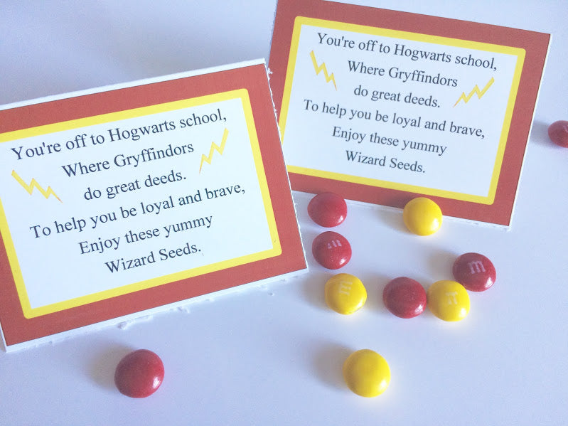 Show your house pride with these Gryffindor house Wizard Seeds. These printablebag toppers are perfect for a Harry Potter party and are a unique and fun party favor.
