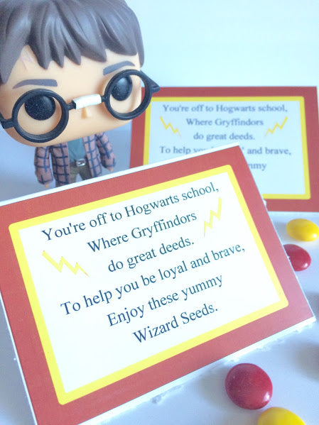 Show your house pride with these Gryffindor house Wizard Seeds. These printablebag toppers are perfect for a Harry Potter party and are a unique and fun party favor.