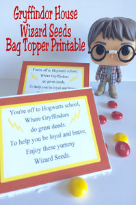 Show your house pride with these Gryffindor house Wizard Seeds. These printablebag toppers are perfect for a Harry Potter party and are a unique and fun party favor.