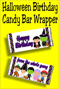 Wish your friend a Happy Halloween Birthday with this fun candy bar wrapper that doubles as a birthday card and birthday gift in one.  This candy bar wrapper has a white background with a purple, orange, black, green, and yellow striped border on front and back.  Front has two friends dressed up for Halloween with the greeting "Happy Birthday." Back of wrapper has friends graphics continued with the greeting "From the whole gang."