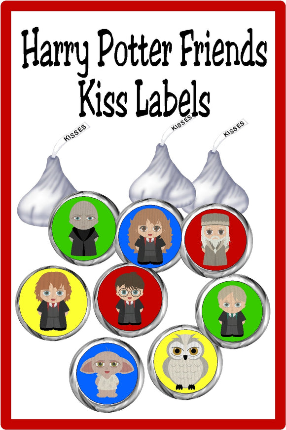 Bring all your favorite characters  to your dessert table or party favors with these Harry Potter Kiss printable labels. These printable Kiss lables are the perfect addition to any Harry Potter party.  Included in this set is Harry, Ron, Hermoine, Hedwig, Dobby, Voldermort, Dumbledore, and Malfoy