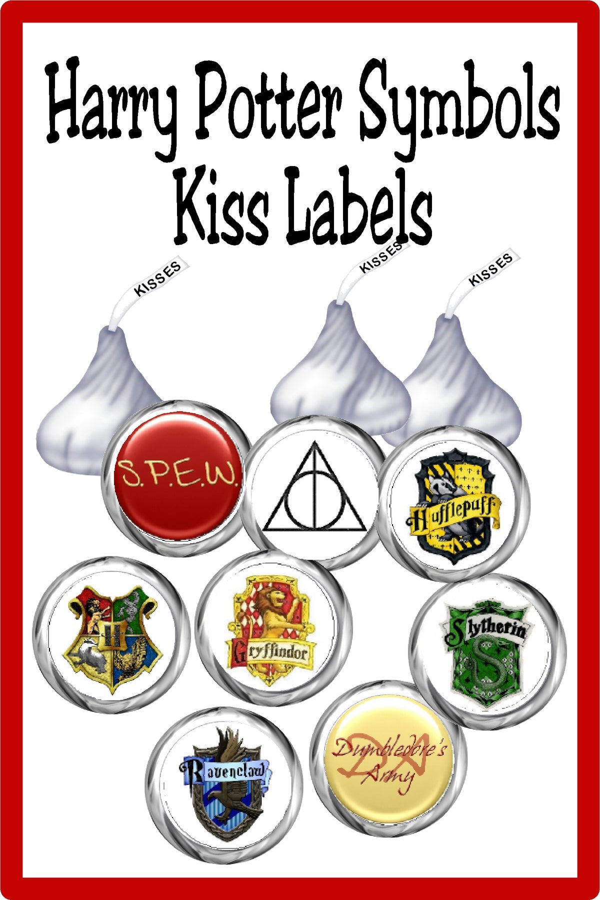 Bring all the Hogwarts Houses and your Harry Potter symbols to your dessert tabl or party favors with these Harry Potter Kiss printable labels. These printable Kiss lables are the perfect addition to any Harry Potter party.