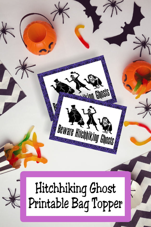 Have a hauntingly good time at your Haunted Mansion Halloween party with these printable bag toppers available in lots of sizes and perfect for your party favors or dessert table. #hauntedmansion #hitchhikingghost #bagtopper #halloween #halloweenprintable