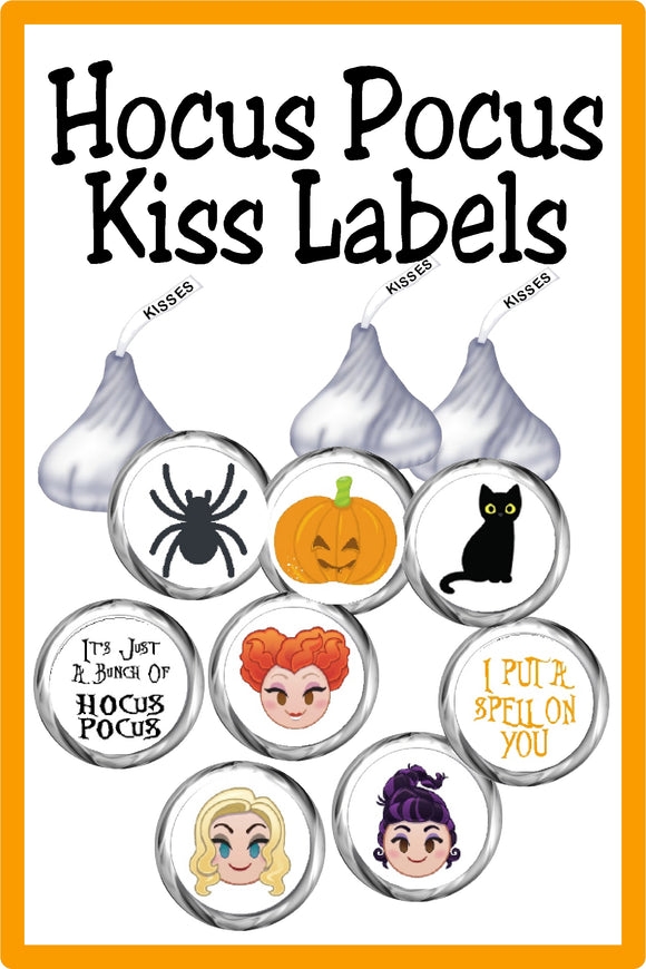 Make your Halloween party magical with these fun Hocus Pocus printable circles perfect for Hershey kisses or Reeses peanut butter cups. These labels make the perfect party favor or dessert treat for your Hocus Pocus party.