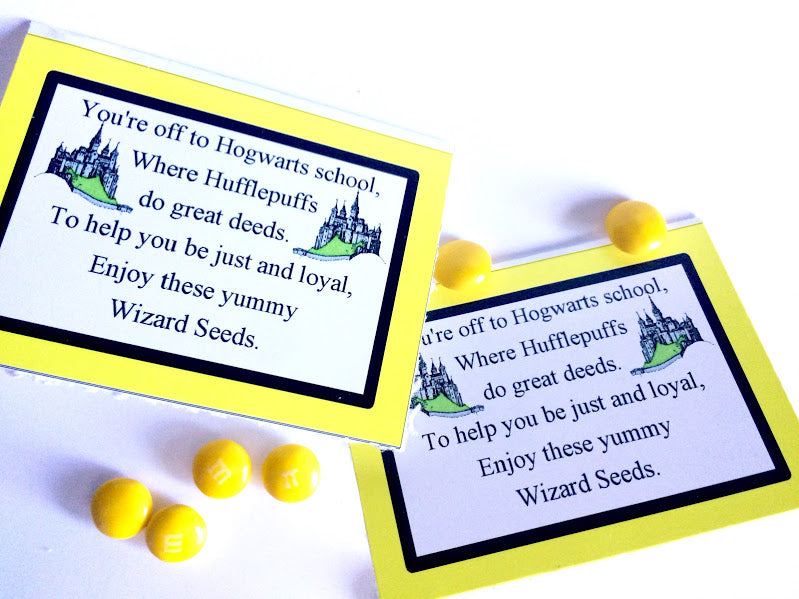 Show your house pride with these Hufflepuff house Wizard Seeds. These printablebag toppers are perfect for a Harry Potter party and are a unique and fun party favor.