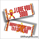 Iron Man Superhero Avenger Fathers Day Card Printable Candy Bar Wrapper featuring Iron Man quote I LOVE YOU 3000