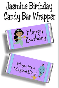 This Jasmine candy bar wrapper is the perfect birthday card and gift for your little princess.  It's the perfect favor for a Jasmine or Aladdin party!  Wrapper has a purple background with a purple and blue line border strip on both sides of the wrapper.  On left of front of wrapper is a Jasmine and the maic lamp graphic.  Sentiment reads "Happy Birthday".  Back has a clip art of Genier and his lamp with the sentimenet "Hope it's a magical day"!" #aladdinparty #jasmineparty #candybarwrapper #birthdaycard