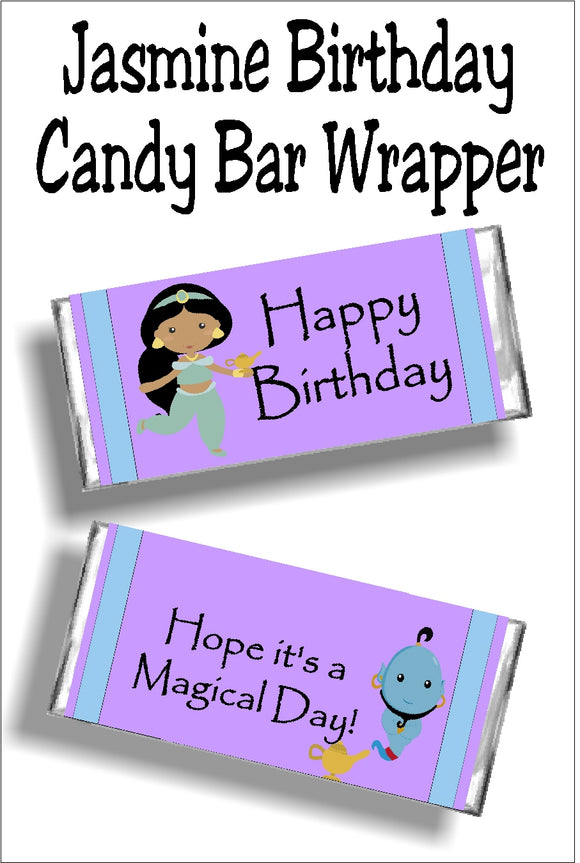 This Jasmine candy bar wrapper is the perfect birthday card and gift for your little princess.  It's the perfect favor for a Jasmine or Aladdin party!  Wrapper has a purple background with a purple and blue line border strip on both sides of the wrapper.  On left of front of wrapper is a Jasmine and the maic lamp graphic.  Sentiment reads 