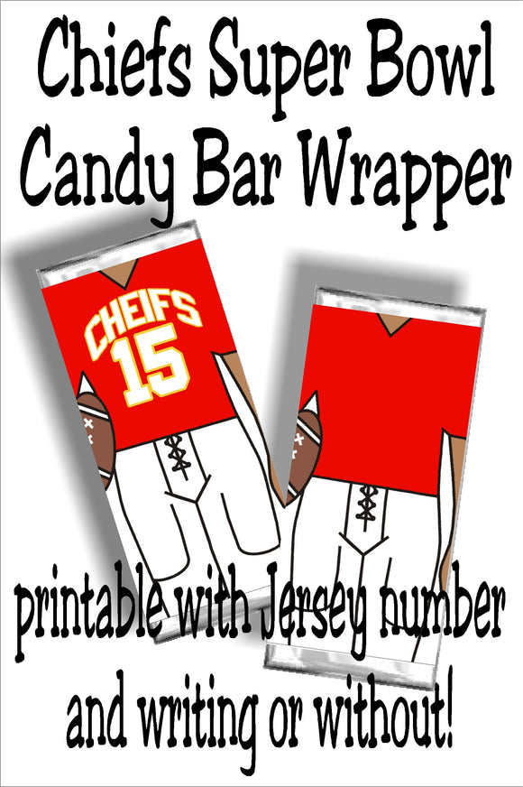 Cheer on your Chiefs to a sweet victory with this printable football jersey candy bar wrapper.  This candy treat is perfect for your Super Bowl party dessert table or as football party favors for your next team party.